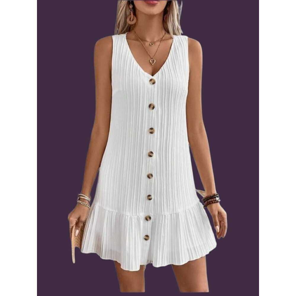 Sleeveless  Button-Down Mini Dress With Ruffle Casual Dress Fashion Size Large